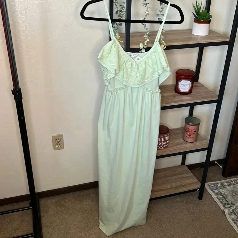 Zara NWT Embroidered Mint Green Maxi Dress Size S